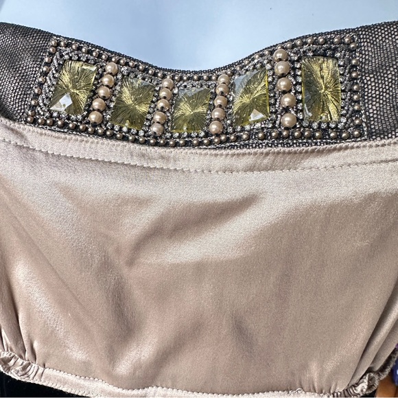 Ellie Tahari Silk Embellished Champagne/ Gold Color Top W/ Black Velvet & Lace M - Picture 3 of 15
